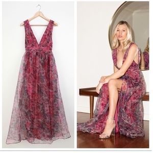 LULUS Magenta Floral Print Organza Maxi Dress - Medium
